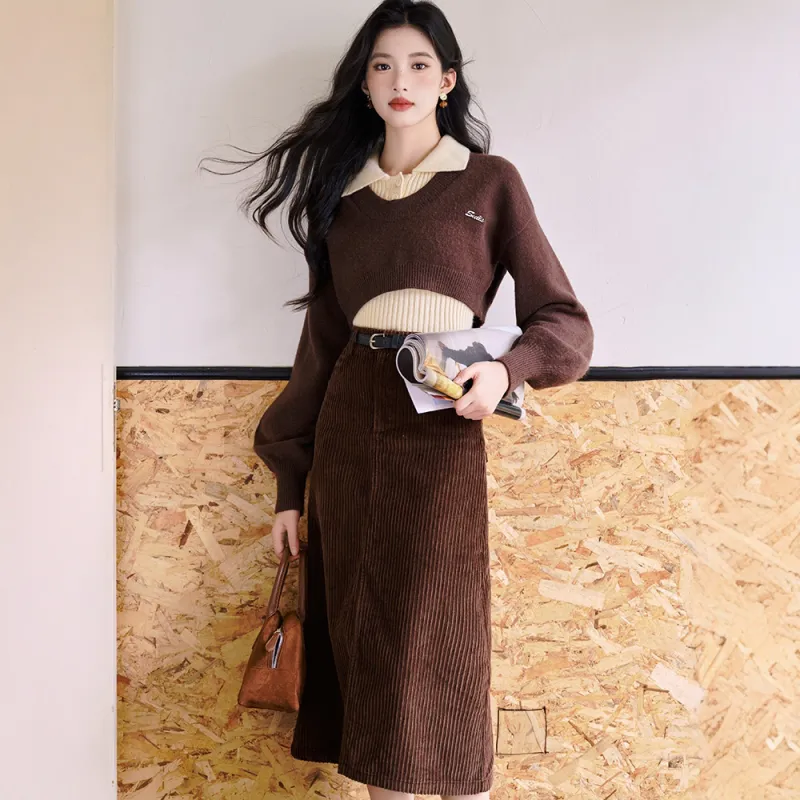 FLIM Two Piece Skirt Sets Women's Coffee Clothing Sets-3