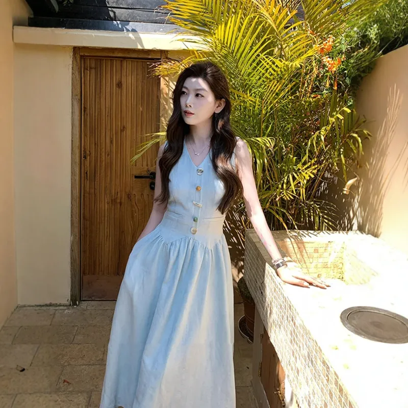 FLIM Sleeveless Dresses Women's Light Blue-5