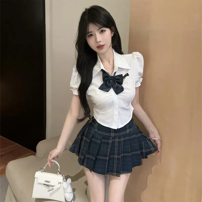 FLIM Uniforms Women's White Short Sleeved Top+Plaid Skirt-2