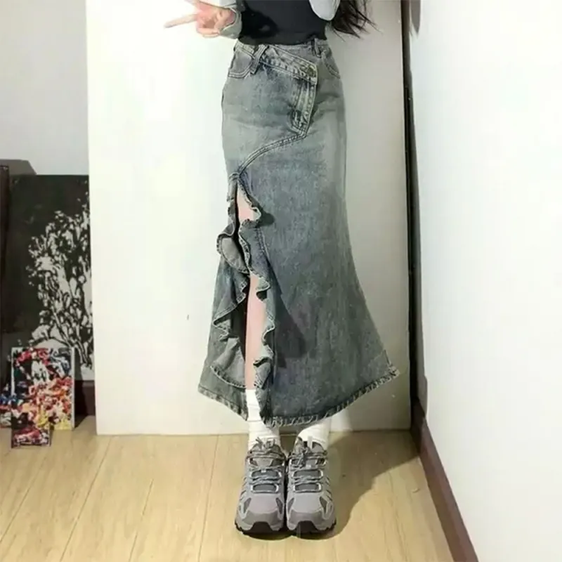 FLIM Denim Long Skirts Women's Denim Blue-2