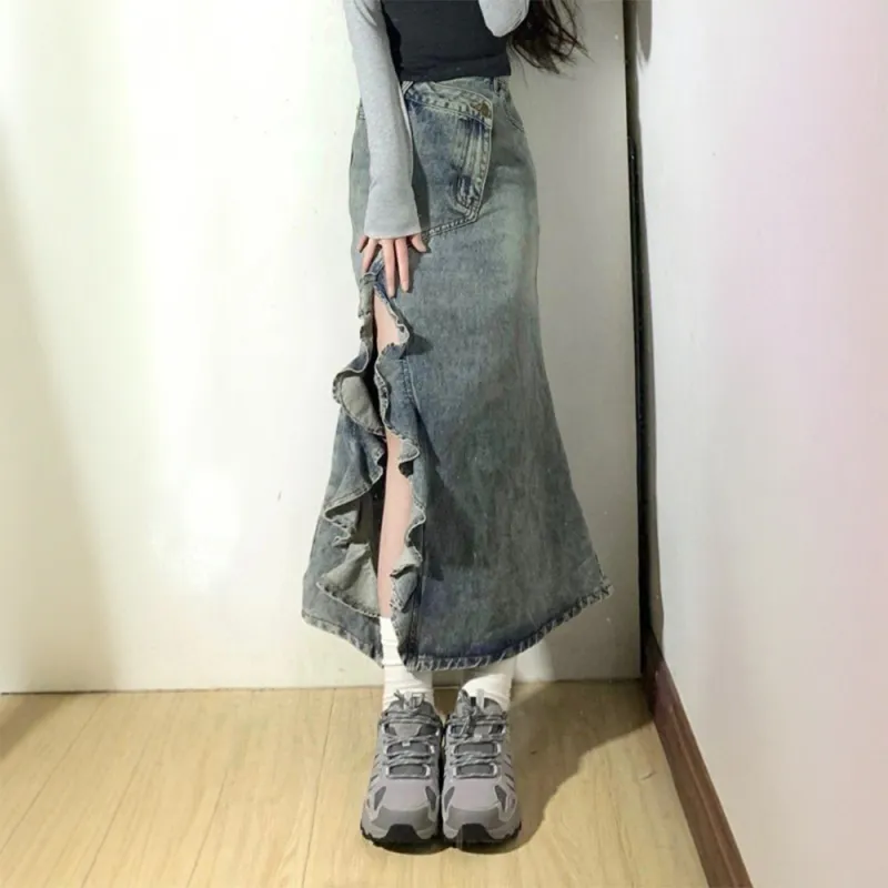 FLIM Denim Long Skirts Women's Denim Blue-1