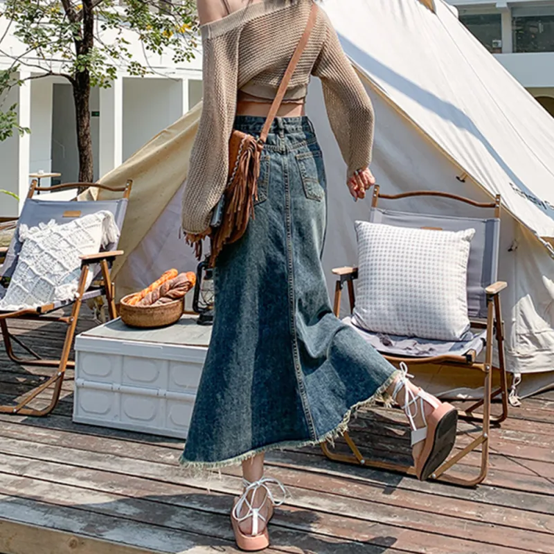 FLIM Denim Long Skirts Women's Blue-4