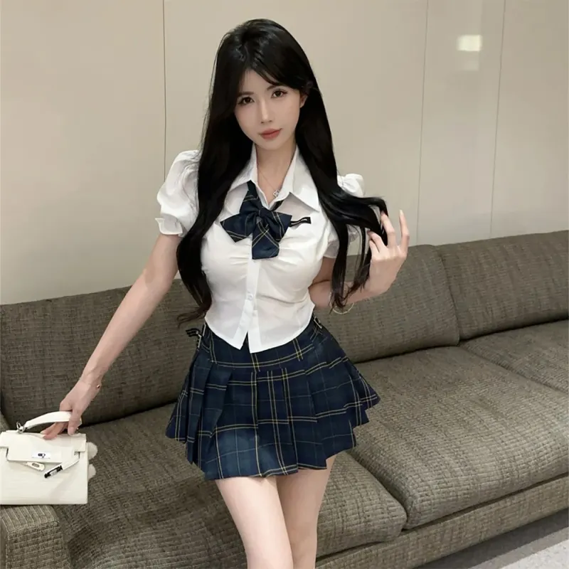 FLIM Uniforms Women's White Short Sleeved Top+Plaid Skirt-4