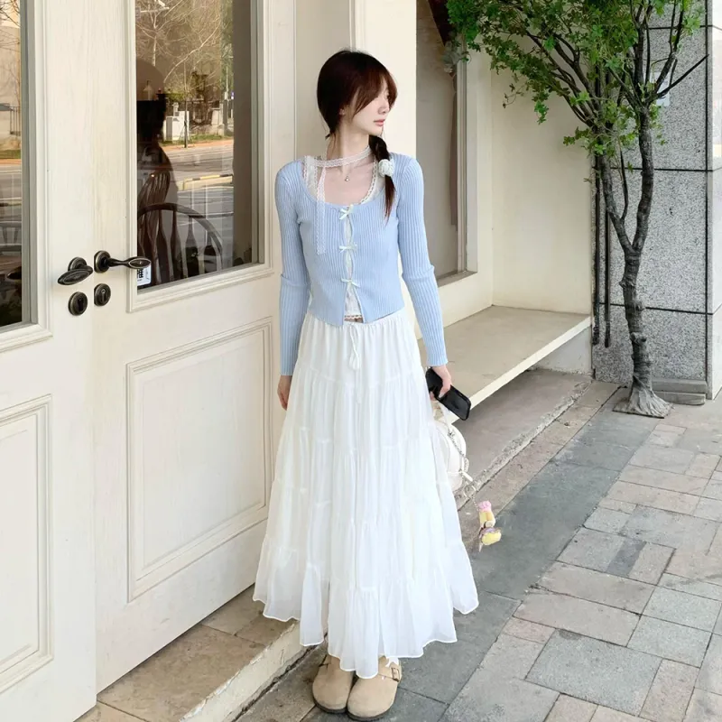 FLIM Two Piece Skirt Sets Women's Blue+White-4