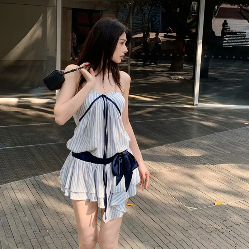 FLIM Sleeveless Dresses Women's Blue White Stripes Bear Box-6