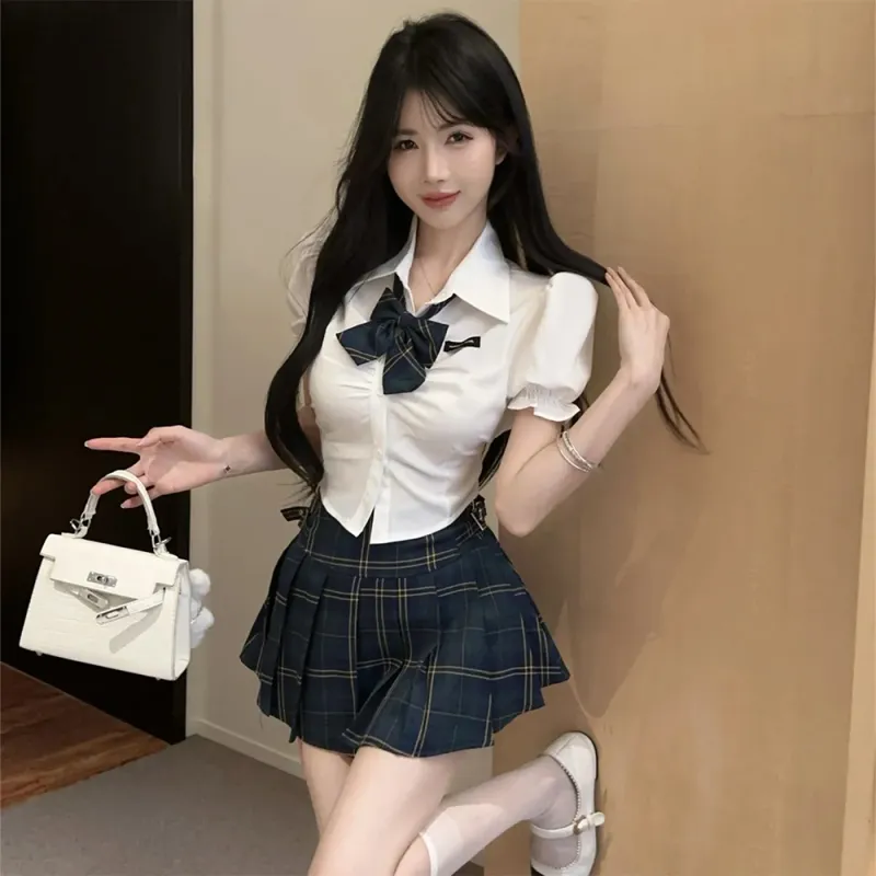 FLIM Uniforms Women's White Short Sleeved Top+Plaid Skirt-3