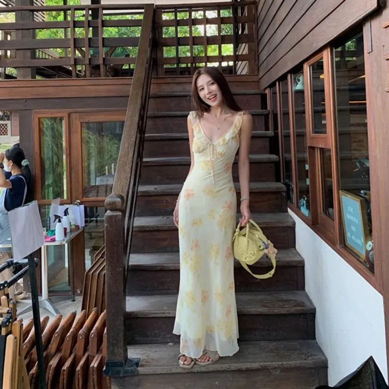FLIM Slip Dresses Women's Yellow-4