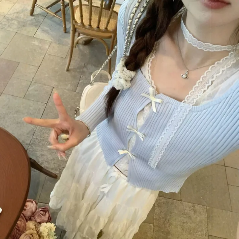 FLIM Two Piece Skirt Sets Women's Blue+White-5