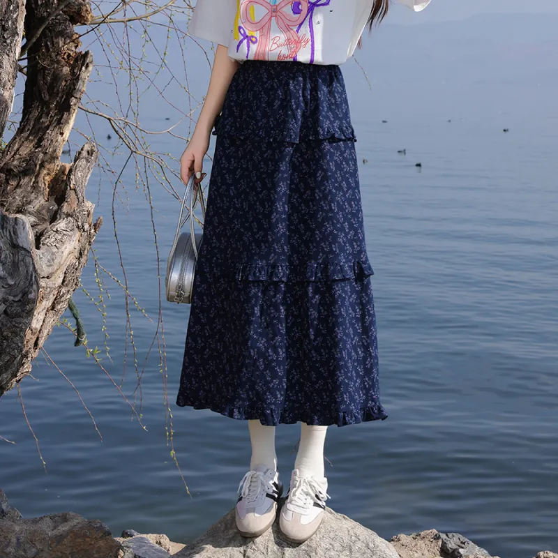 FLIM Casual Long Skirts Women's Navy Blue-4