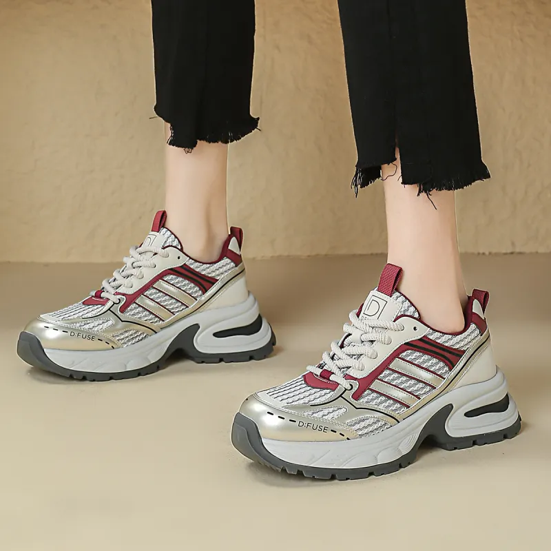 D FUSE SCANDINAVIA Chunky Sneakers Women's Low Top Gold Gray Red-2