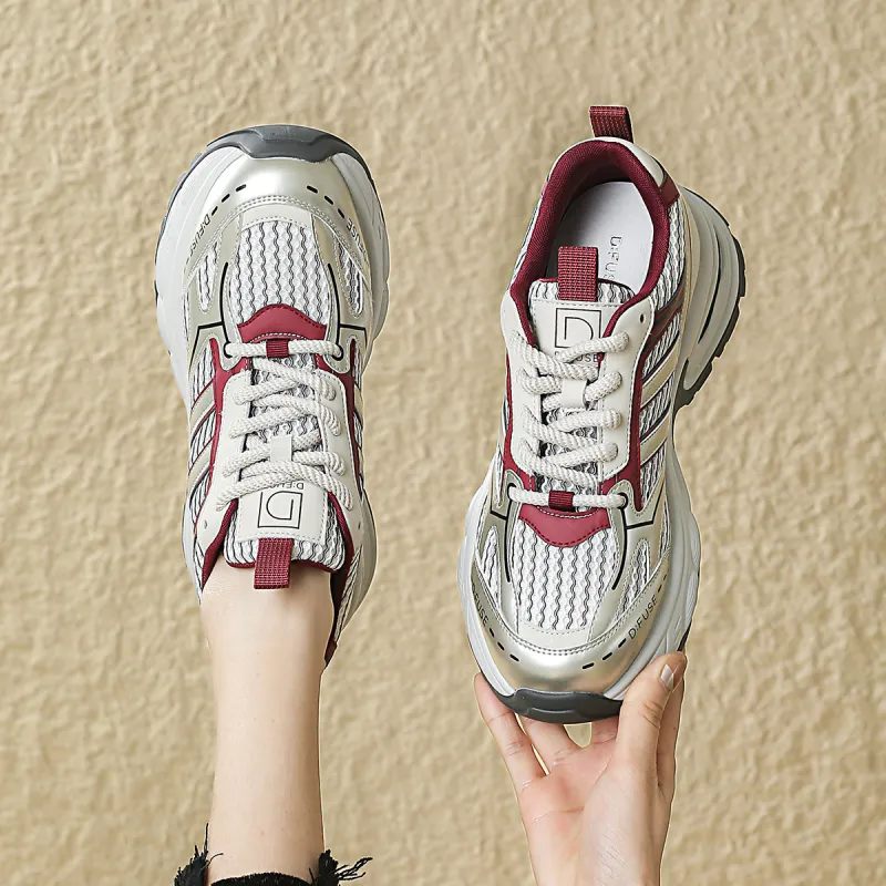 D FUSE SCANDINAVIA Chunky Sneakers Women's Low Top Gold Gray Red-5