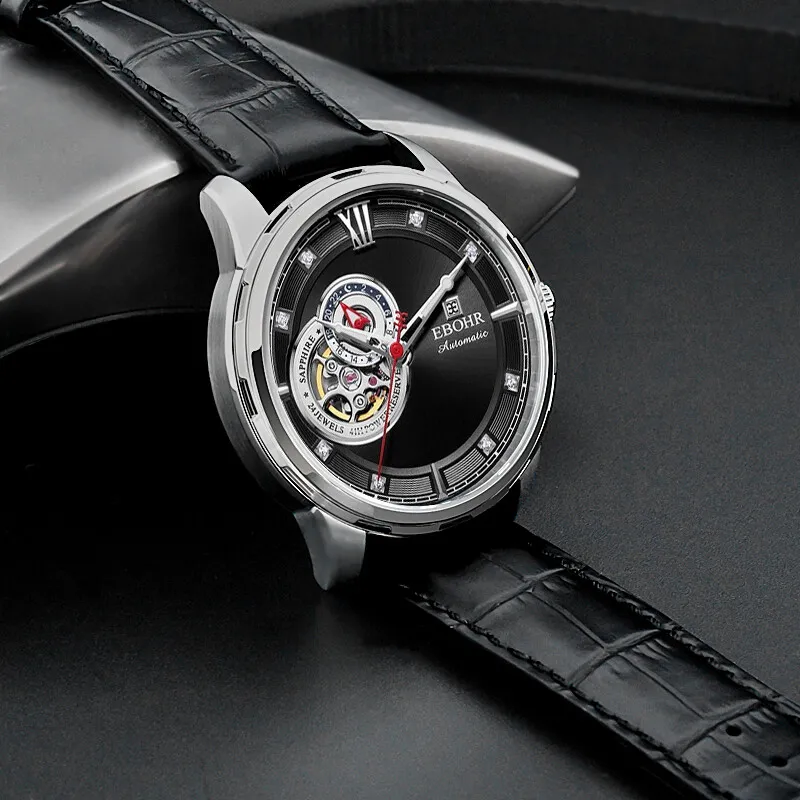 EBOHR Mechanical Movement Genuine Leather Strap Watch Men's Watches Black Dial-5