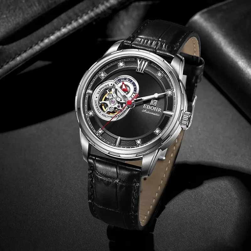 EBOHR Mechanical Movement Genuine Leather Strap Watch Men's Watches Black Dial-1