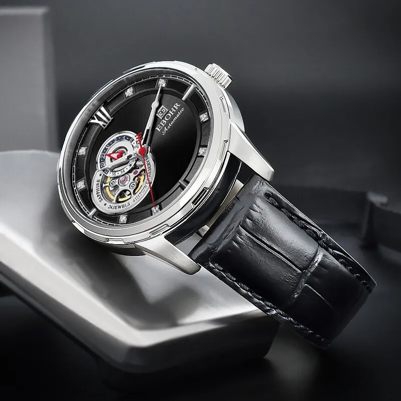 EBOHR Mechanical Movement Genuine Leather Strap Watch Men's Watches Black Dial-4