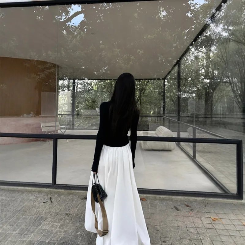 COVER TIME Two Piece Skirt Sets Women's Black Cardigan/White Camisole Dress-4