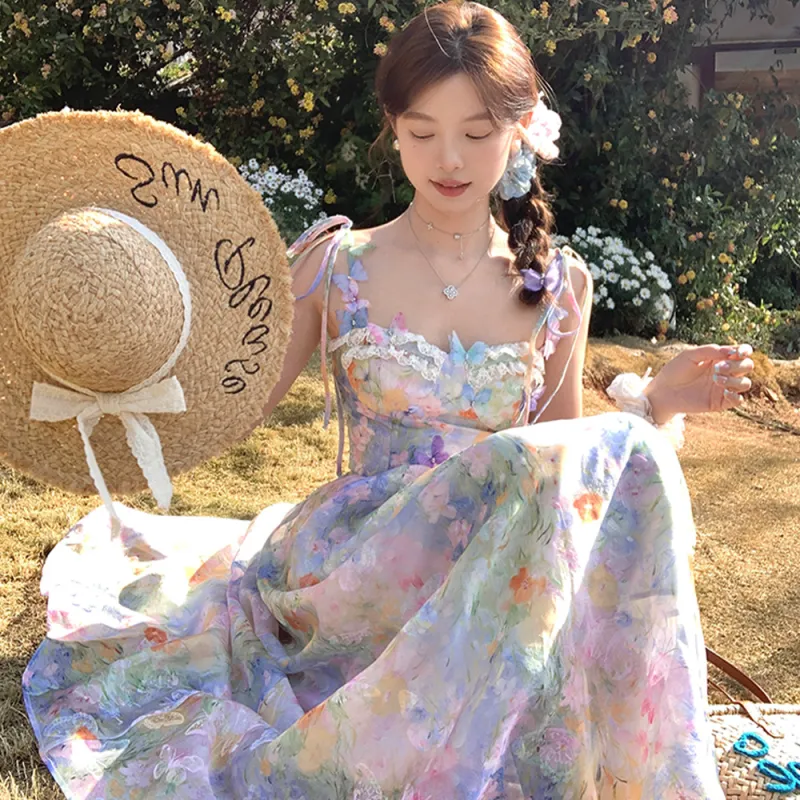 COVER TIME Slip Dress Women's Oil Paintings Pink Blue-2