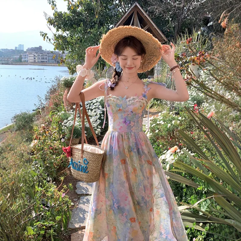 COVER TIME Slip Dress Women's Oil Paintings Pink Blue-6