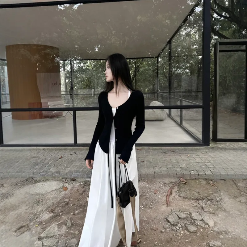 COVER TIME Two Piece Skirt Sets Women's Black Cardigan/White Camisole Dress-3