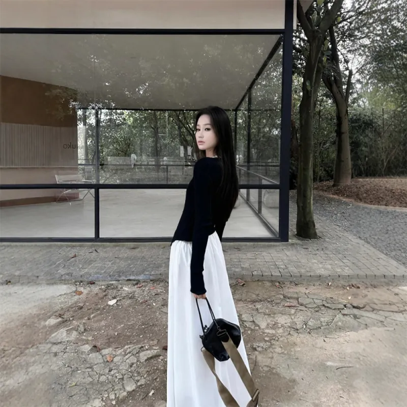 COVER TIME Two Piece Skirt Sets Women's Black Cardigan/White Camisole Dress-2