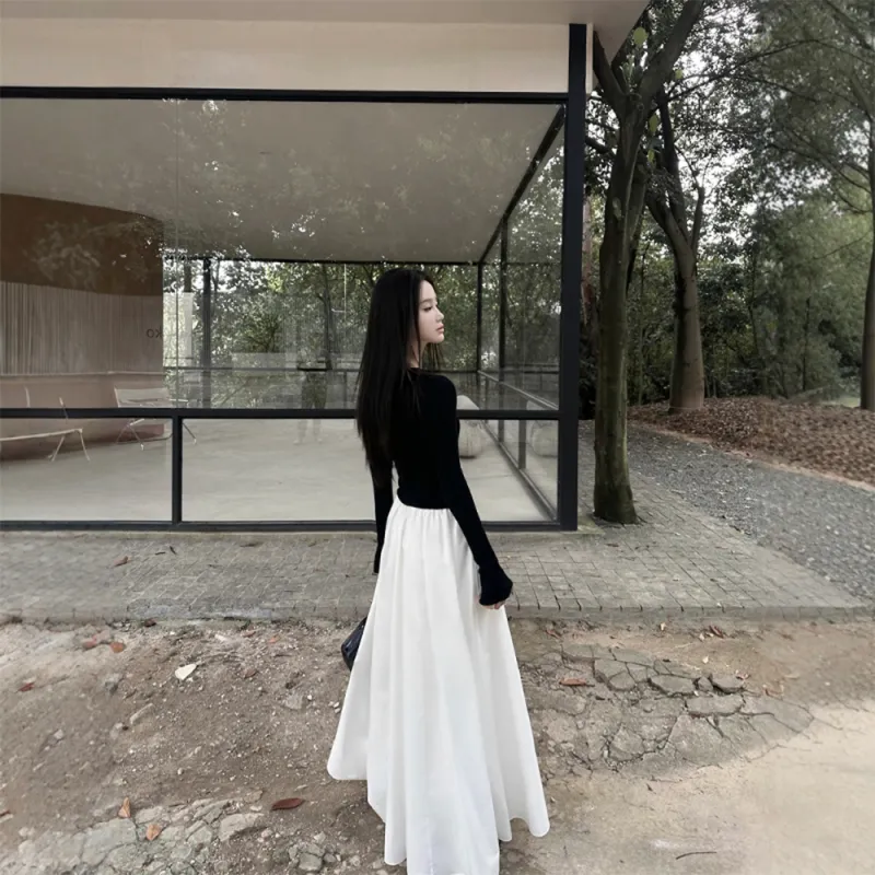 COVER TIME Two Piece Skirt Sets Women's Black Cardigan/White Camisole Dress-6