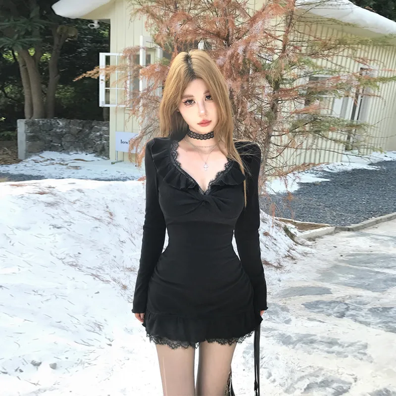 COVER TIME Long Sleeved Dress Women's Black-2