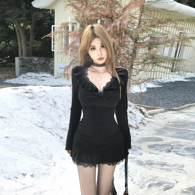 COVER TIME Long Sleeved Dress Women's Black-3