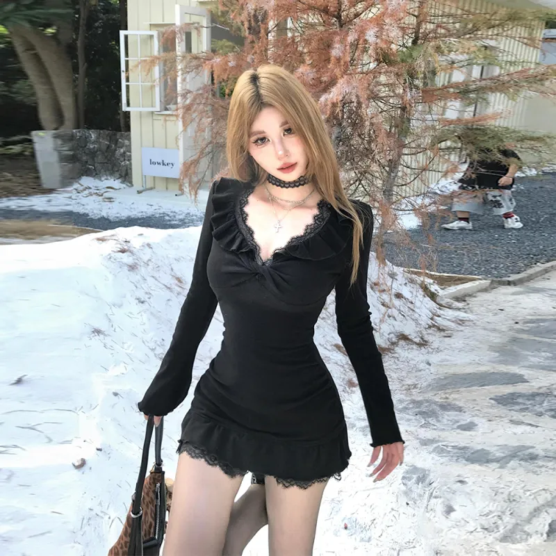 COVER TIME Long Sleeved Dress Women's Black-5