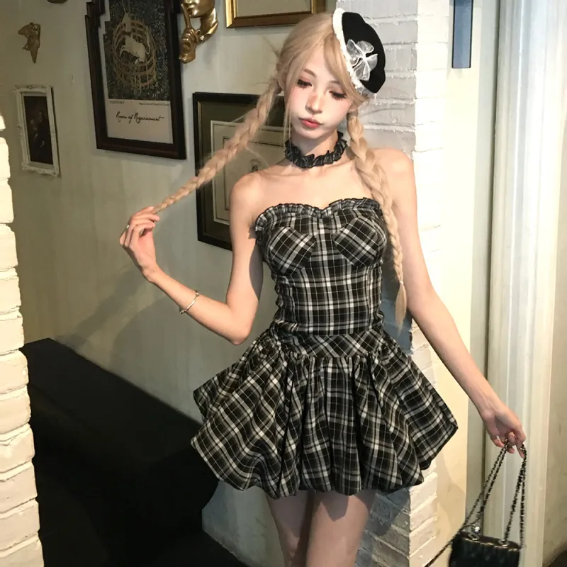 COVER TIME Sleeveless Dress Women's Black Plaid-2