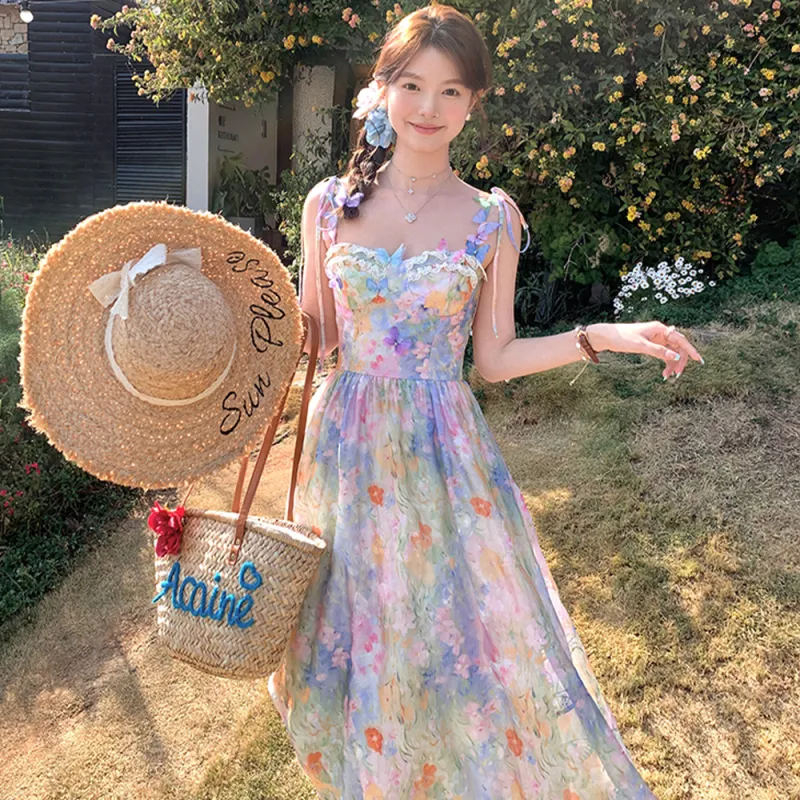 COVER TIME Slip Dress Women's Oil Paintings Pink Blue-4
