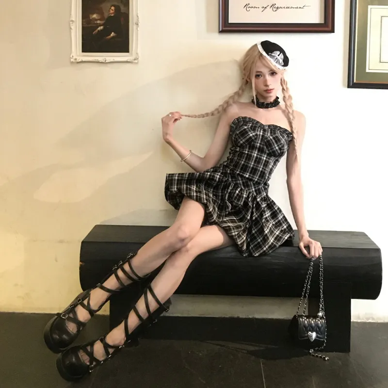COVER TIME Sleeveless Dress Women's Black Plaid-3