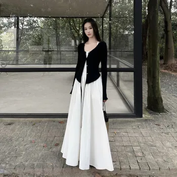 COVER TIME Two Piece Skirt Sets Women's Black Cardigan/White Camisole Dress