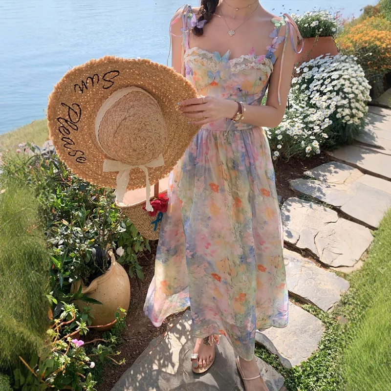 COVER TIME Slip Dress Women's Oil Paintings Pink Blue-5