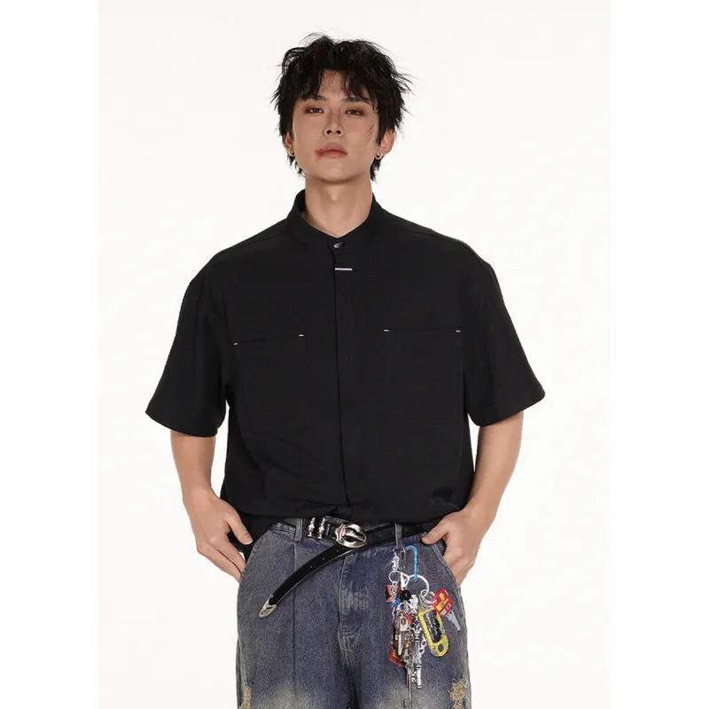 PAINT STAIN New Chinese Style Stand Collar Ice Silk Fabric Short Sleeved Shirt Unisex-15