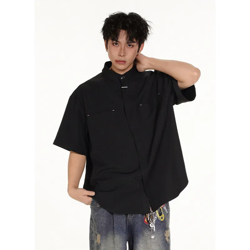 PAINT STAIN New Chinese Style Stand Collar Ice Silk Fabric Short Sleeved Shirt Unisex-16