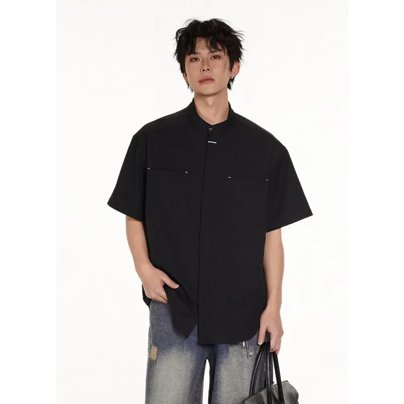 PAINT STAIN New Chinese Style Stand Collar Ice Silk Fabric Short Sleeved Shirt Unisex-14