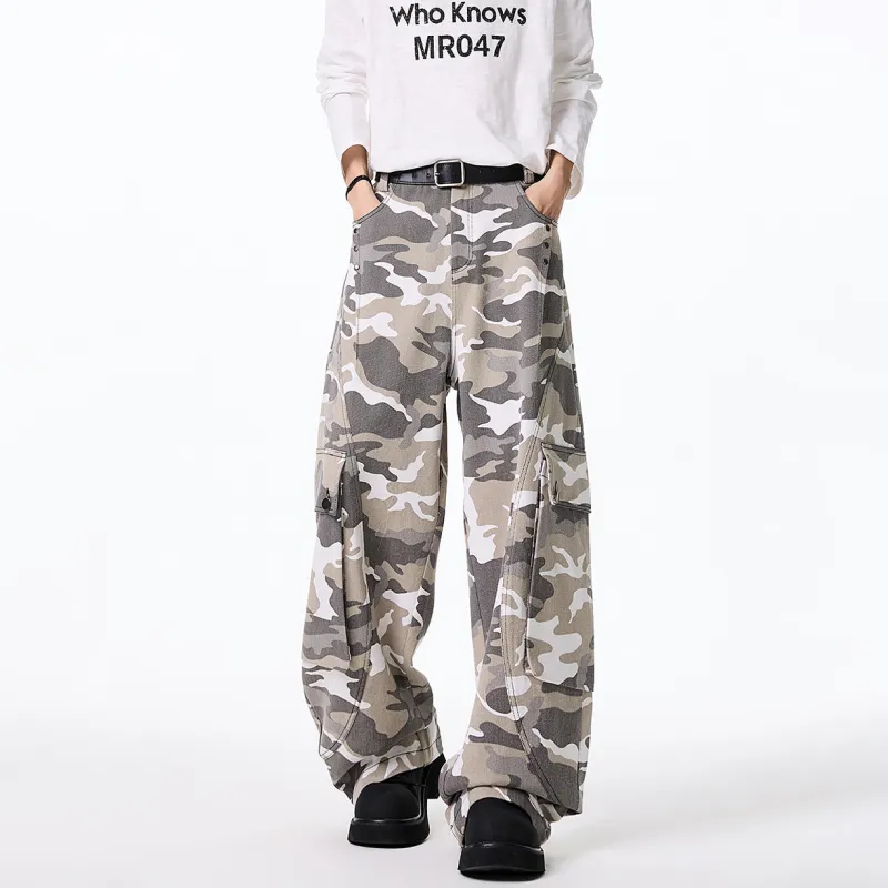 DAND Casual Pants Unisex White Gray Camouflage-5