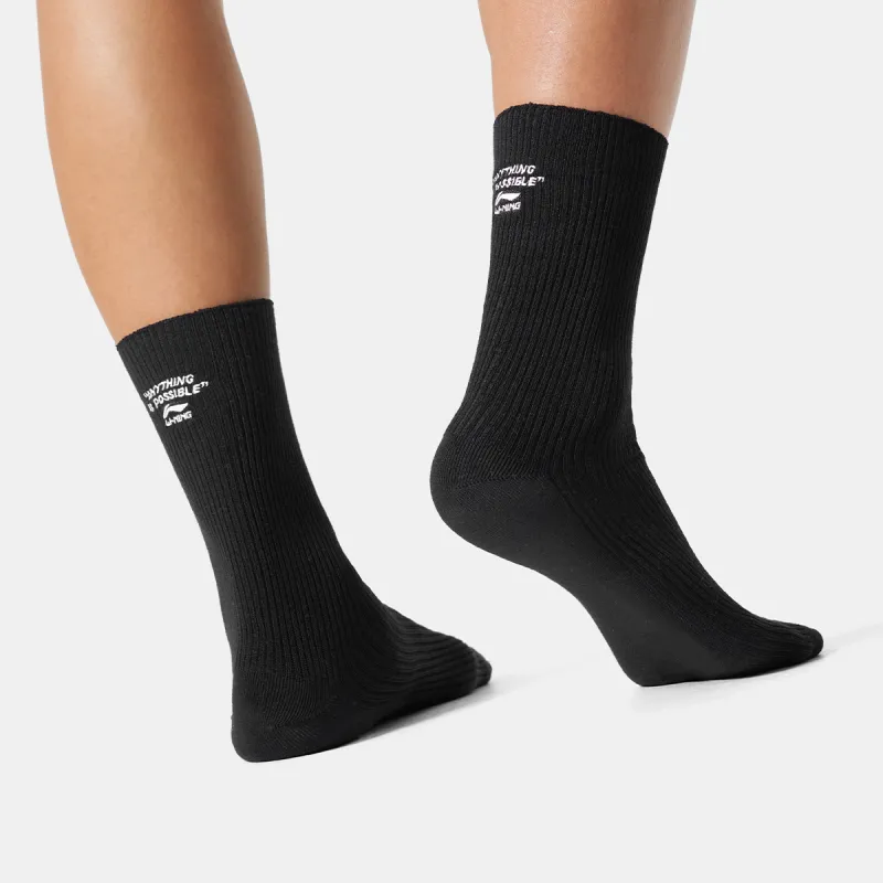 LiNing Sports Life Collection Mid Calf Socks Unisex 1 Pack Black Standard White-4