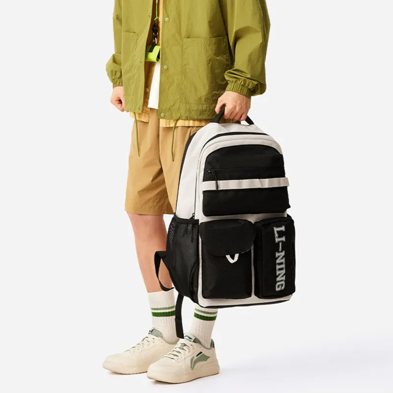 LiNing Sports Life Collection Polyester Backpack Unisex Black & Silver Fir Gray-4