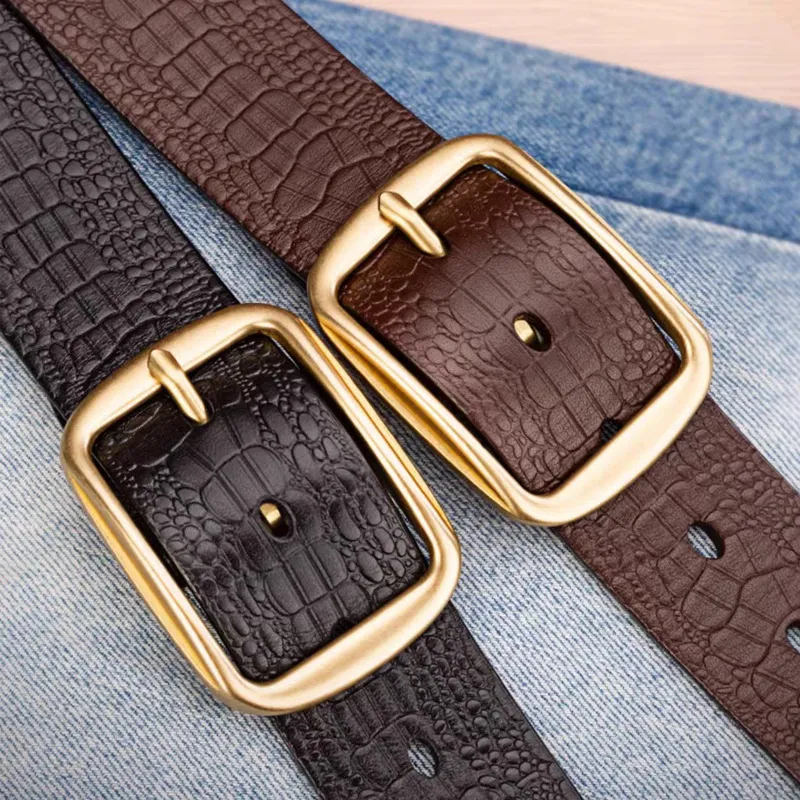 PISHUSHU Cow Leather Belts Unisex Black Gold Buckle/Brown Gold Lock Width  3.8cm-1