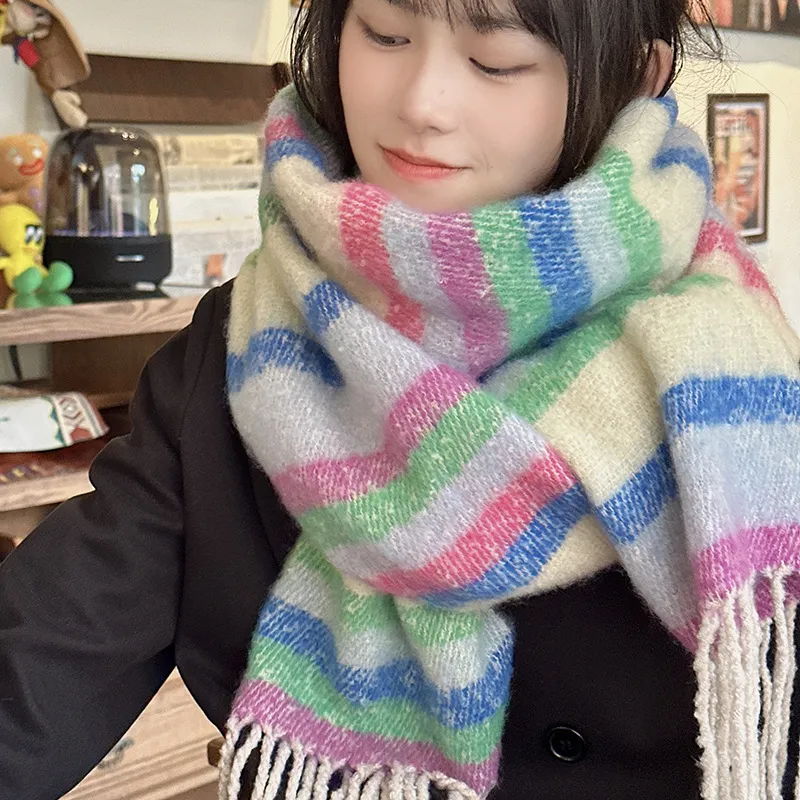 PISHUSHU Polyester Knit Scarves Unisex Yellow Blue Pink Green Blue Brown-2
