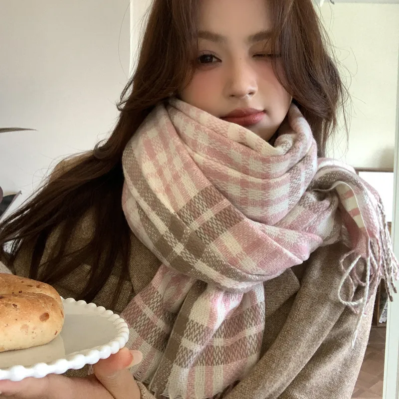 PISHUSHU Polyester Knit Scarves Unisex Pink-1