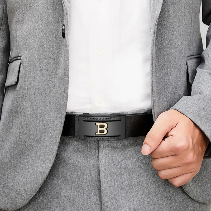 PISHUSHU Commute Versatile Cow Leather Automatic Belt Men's Black Gold Buckle With Silver Buckle Width 3.3cm-1
