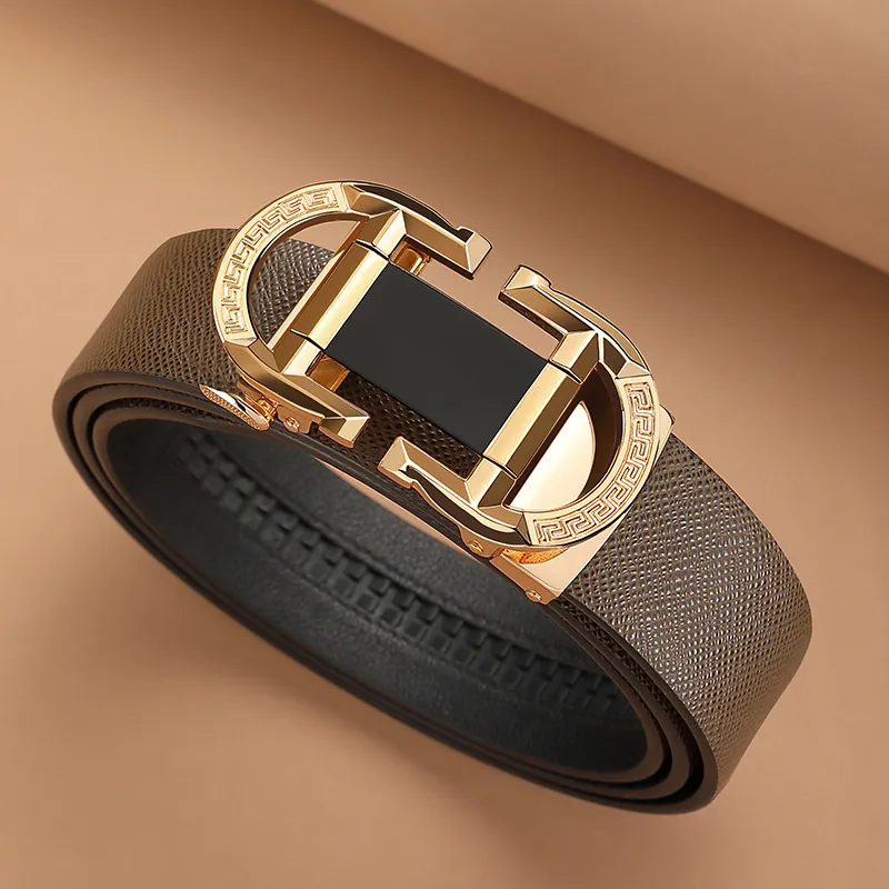 PISHUSHU Fashion High End Automatic Buckle Top Grain Cow Leather Leather Belts Men's Coffee Width  3.5cm-1