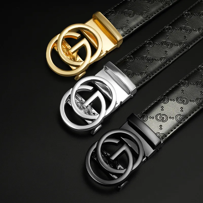 PISHUSHU Cow Leather Belts Men's Black Gunmetal Buckle Width  3.5cm-3