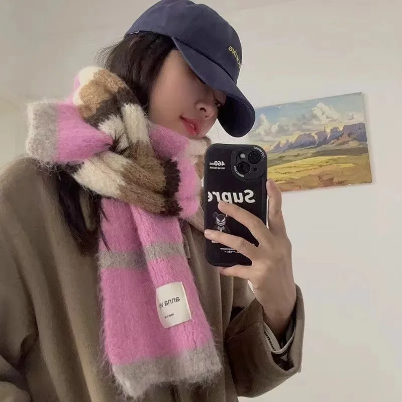 PISHUSHU Polyester Knit Scarves Unisex Pink Light Blue Black Gray Color-1