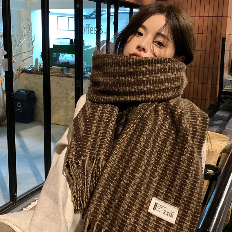 PISHUSHU Acrylic Knit Scarves Unisex Maillard Style Plaid Coffee-1