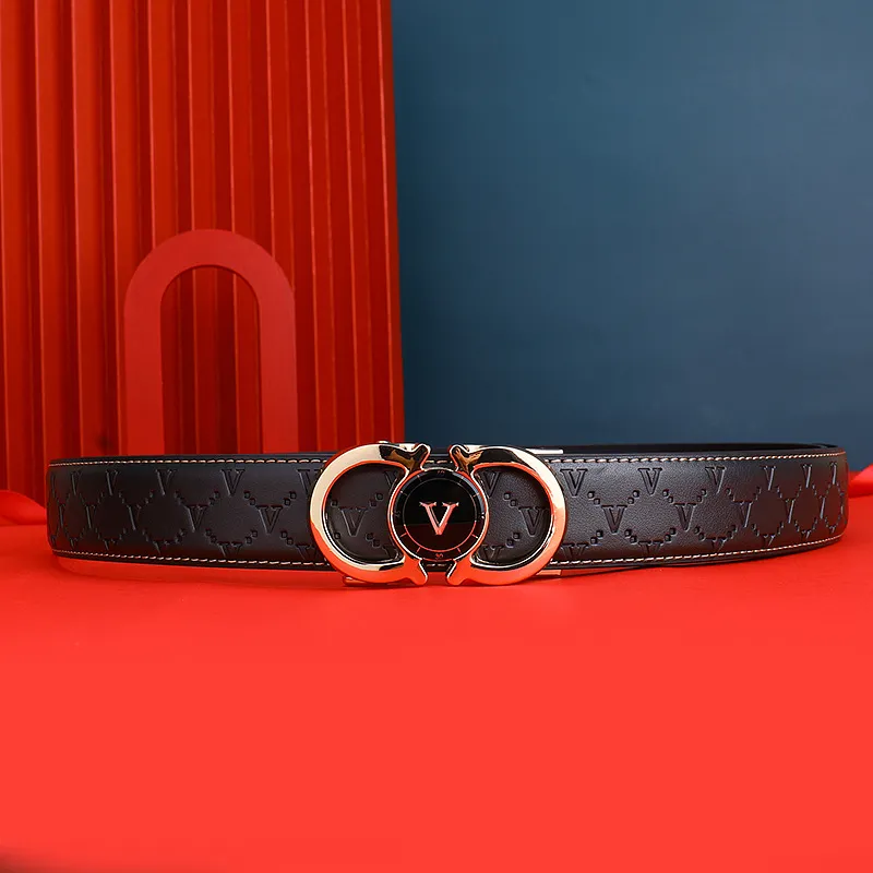 PISHUSHU Trendy Print Automatic Buckle Cow Leather Leather Belts Men's Black Buckle With Gold Tone Lock Width  3.5cm-3