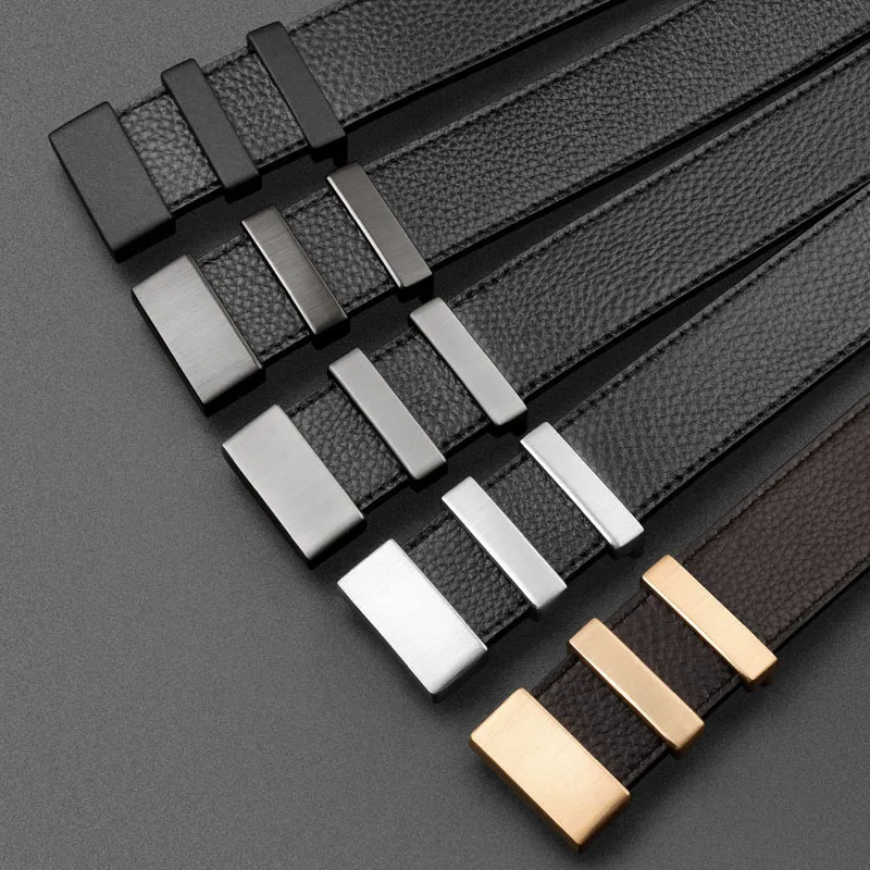 PISHUSHU Cow Leather Smooth Buckle Belt Men's Chrome Frosted Black Gold Width  3.5cm-1