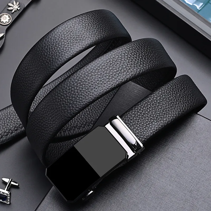 PISHUSHU Commute High End Automatic Buckle Cow Leather Leather Belts Men's Black Width  3.5cm-2