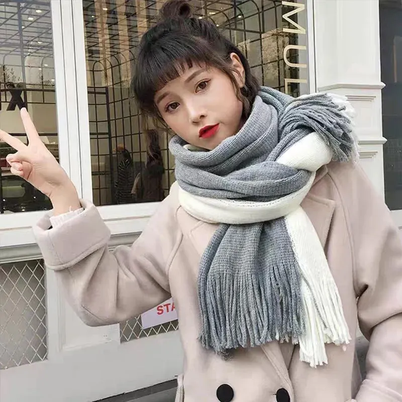 PISHUSHU Polyester Knit Scarves Unisex Pink White White Gray White Green-4